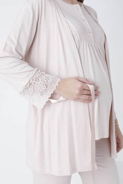 Miss Dünya Lissa Sabahlıklı Dantel Detaylı Önden Düğmeli Hamile ve Lohusa Pijama Takımı