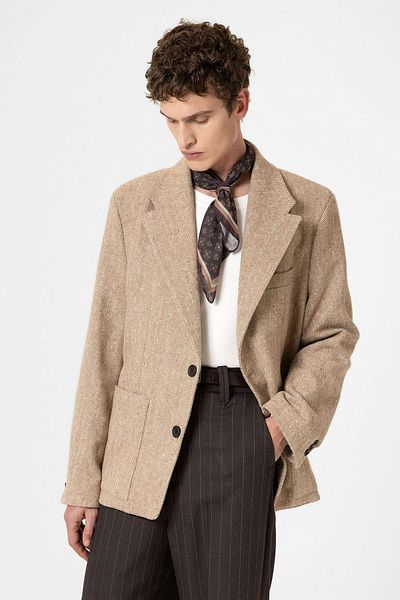 Antioch Beige Herringbone Patterned Oversize Men's Blazer Jacket