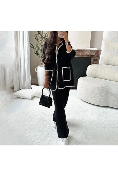 Mistanbul Shepherd's Stitched Premium Knitwear Black Set with Pocket Detail