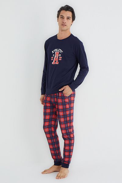 Trendyol Collection Námořnická modř Regular Fit kostkované pletené pyžamo Set Tmnaw25Pt00060