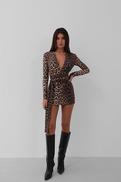 Trendyol Collection Leopárdmintás mini estélyi ruha - Többszínű, kétsoros nyakú éjszakai ballagási ruha