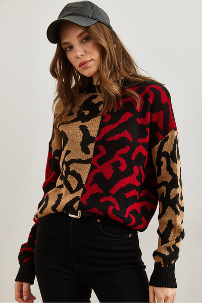 Olalook Tan and Red Leopard Print Women's Knitwear Sweater - Kzk- 19000832