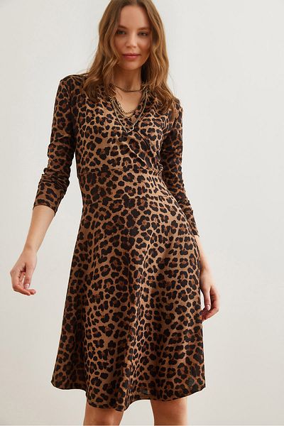 Olalook Women's Leopard Brown Double Breasted Knitted Dress Elb- 19000962