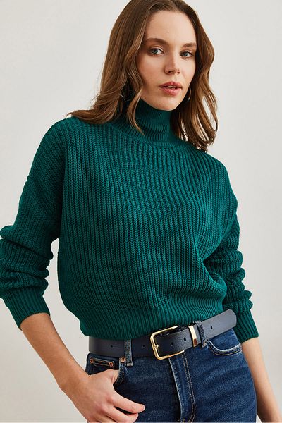 Olalook Emerald Green Turtleneck Ribbed Crop Sweater - Kzk- 19000913