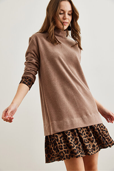 Olalook Kadın Camel Leopar Garnili Selanik Elbise ELB-19000965