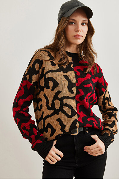 Olalook Дамски плетен пуловер с жълтокафяв и червен леопард - Kzk - 19000832