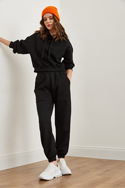 Olalook Black Waffle Jogger Women's Sweatpants with Pockets Essf- 00000079