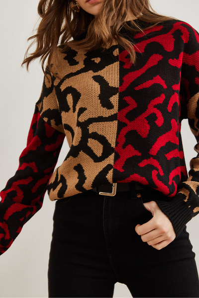 Olalook Tan and Red Leopard Print Women's Knitwear Sweater - Kzk- 19000832