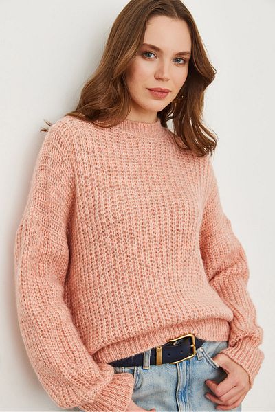 Olalook Pulover de damă, tricot gros, pudră, cu mânecă cu balon, KZK- 19000863