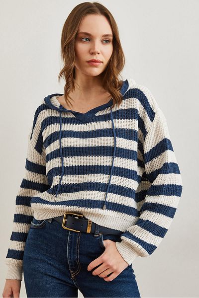 Olalook Indigofarbene, durchbrochene, gestreifte Damen-Strickbluse mit Kapuze – BLZ- 19002791