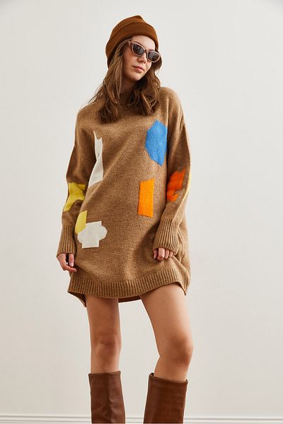 Olalook Women's Camel Geometric Print Knitwear Tunic Dress Elb- 19002315