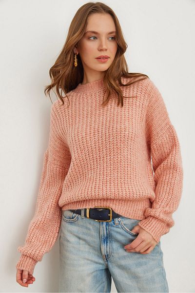 Olalook Pulover de damă, tricot gros, pudră, cu mânecă cu balon, KZK- 19000863