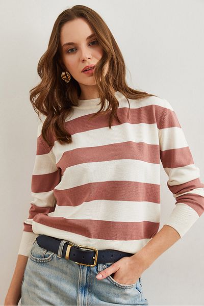 Olalook Pulover de damă Dusty Rose Crew Decolteu cu dungi KZK- 19000904