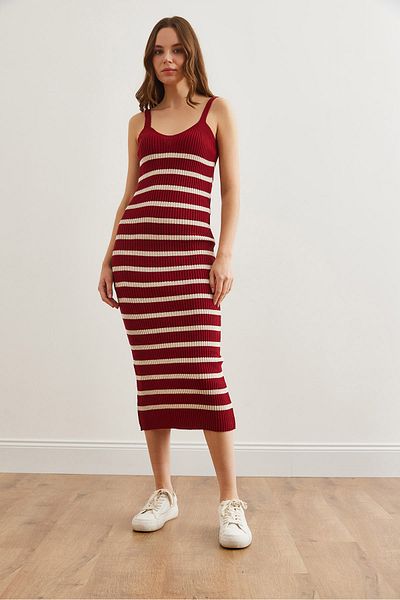 Olalook Burgundy Stripe Knitwear Set - Top and Lingerie Dress Tkm- 19000244