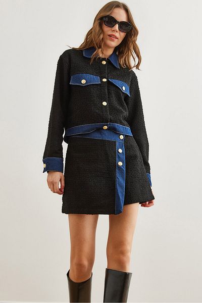 Olalook Fusta scurtă Chanel cu nasturi din denim negru pentru femei ETK- 19000291