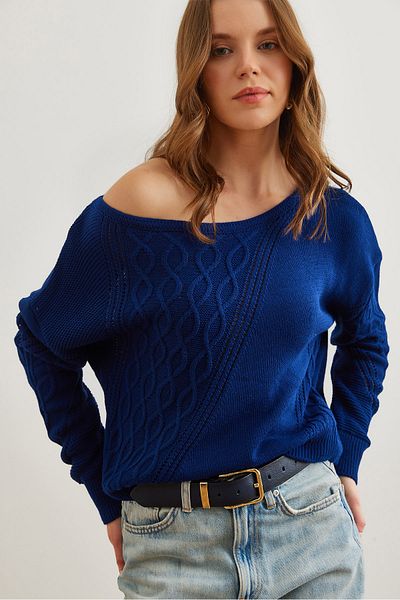 Olalook Women's Navy Blue Openwork Boat Neck Sweater Kzk- 19000830