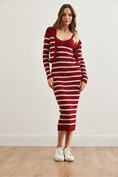 Olalook Burgundy Stripe Knitwear Set - Top and Lingerie Dress Tkm- 19000244