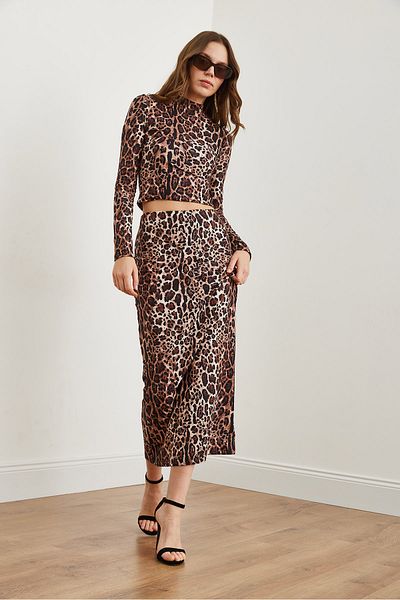 Olalook Γυναικεία καφέ σουέντ με υφή Leopard Pencil φούστα ETK- 19000290