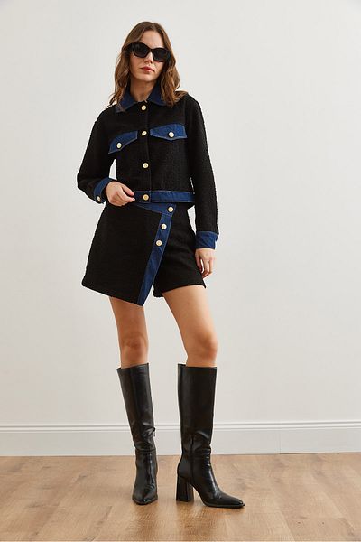 Olalook Fusta scurtă Chanel cu nasturi din denim negru pentru femei ETK- 19000291