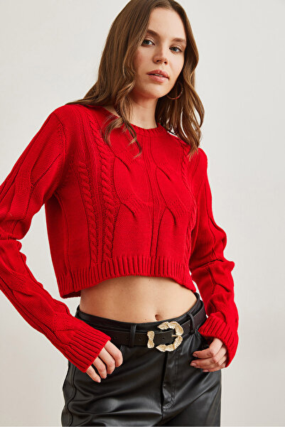 Olalook Women's Red Thick Hair Braided Crop Knitwear Sweater Kzk- 19000911