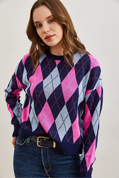 Olalook Women's Navy Blue Diamond Patterned Crop Sweater Kzk- 19000910