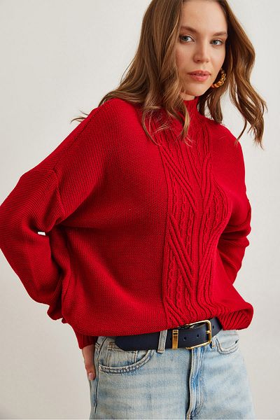 Olalook Women's Red Stand Collar Mid Hair Braided Knitwear Sweater Kzk- 19000912