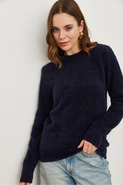 Olalook Navy Blue Soft Textured Women's Beard Sweater - Crew Neck Kzk- 19000858