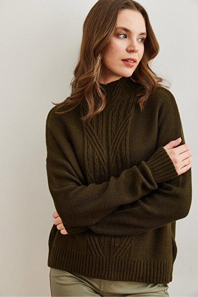 Olalook Women's Khaki Stand Collar Mid Hair Braided Knitwear Sweater Kzk- 19000912