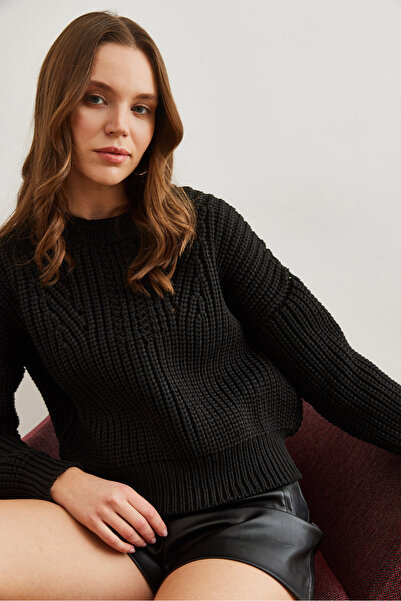 Olalook Pulover de damă, negru, cu gât crew, tricotat gros, tricotaj, KZK- 19000856