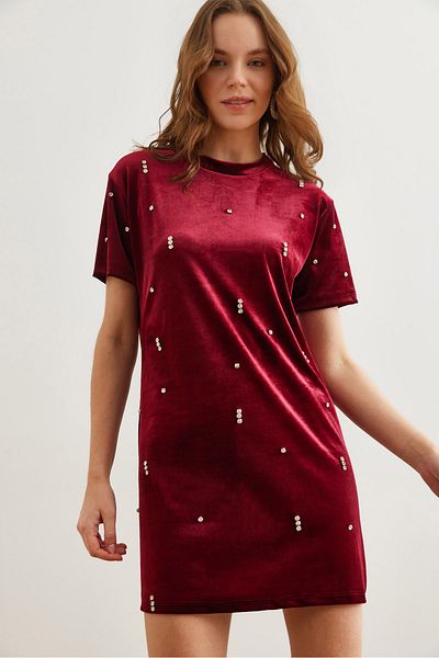 Olalook Burgunderrotes Damen-Minikleid aus Samt mit Steindetails und Rundhalsausschnitt ELB- 19002303