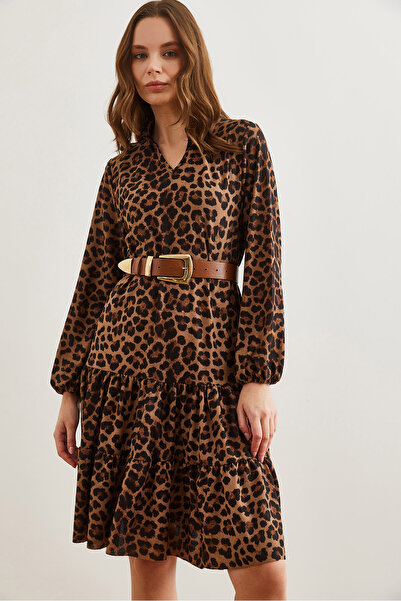 Olalook Kadın Kahve Leopar V Yaka Volanlı Elbise ELB-19000989