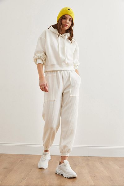 Olalook Γυναικεία λευκή τσέπη Waffle Jogger Sweatpants EFF- 00000079