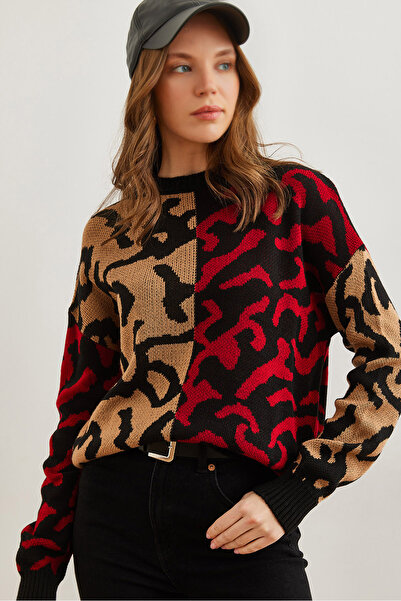 Olalook Дамски плетен пуловер с жълтокафяв и червен леопард - Kzk - 19000832
