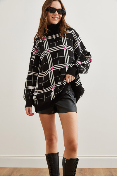 Olalook Women's Black Plaid Turtleneck Knitwear Tunic Dress Elb- 19002314