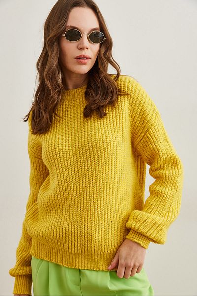 Olalook Women's Yellow Thick Knit Raised Balloon Sleeve Knitwear Sweater Kzk- 19000863