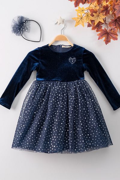 TRENDYOLKIDS Sötétkék női gyermek bársony csillogó karácsonyi szőtt ruha TKDAW25EL00038