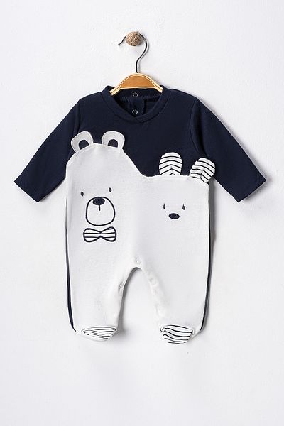 TRENDYOLKIDS Ecru Unisex-Strickoverall für Babys – Tiermuster, lange Ärmel, Baumwolle, normale Passform TKDAW25TU00002