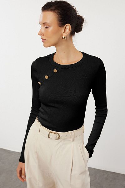Trendyol Collection Μαύρη μονόχρωμη εφαρμογή/μονόχρωμη μπλούζα με μανίκια ρεγκλάν λεπτομέρεια ελαστική πλεκτή μπλούζα TWOAW25BZ00017