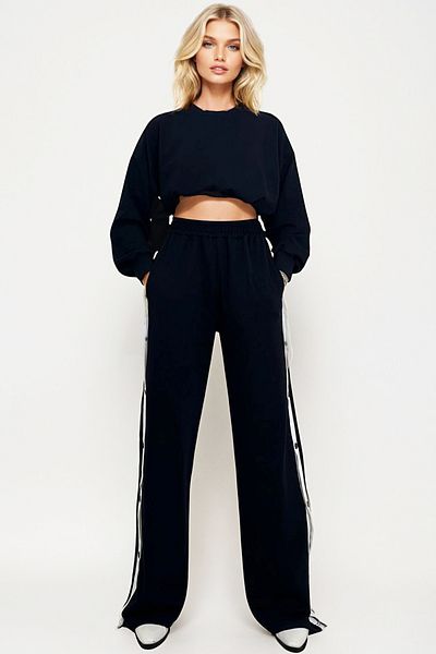 Trend Alaçatı Stili Navy Blue Double Pockets - Elastic Side Stripe Wide Leg Women's Trousers Alc-X12713