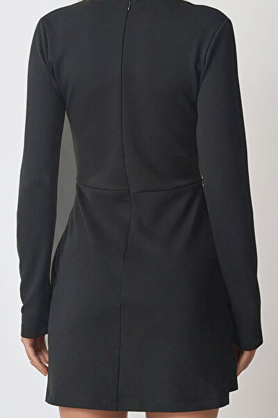 Trend Alaçatı Stili Kadın Siyah Kruvaze Yaka Sandy Elbise ALC-X13299