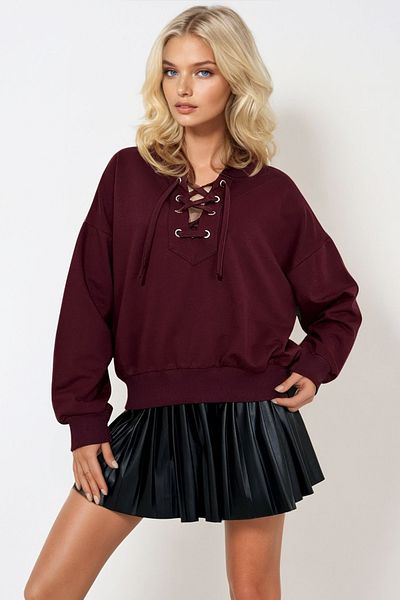 Trend Alaçatı Stili Burgundy Oversize Sweatshirt - Lace-Up, Women'S, Mda-1029