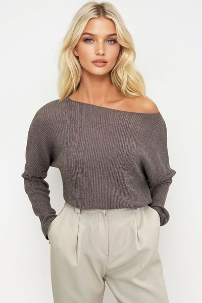 Trend Alaçatı Stili Women's Mink Boat Neck Knitted Blouse Alc-015-047-Nye