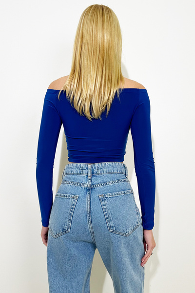 Trend Alaçatı Stili Női Saks kék csókgallér elöl drapériás homokos blúz ALC-X13295