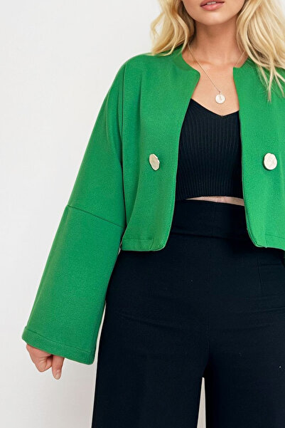 Trend Alaçatı Stili Γυναικείο κοντό μπουφάν με πράσινο κουμπί με λεπτομέρεια ανοιχτό μπροστά ALC-X12490