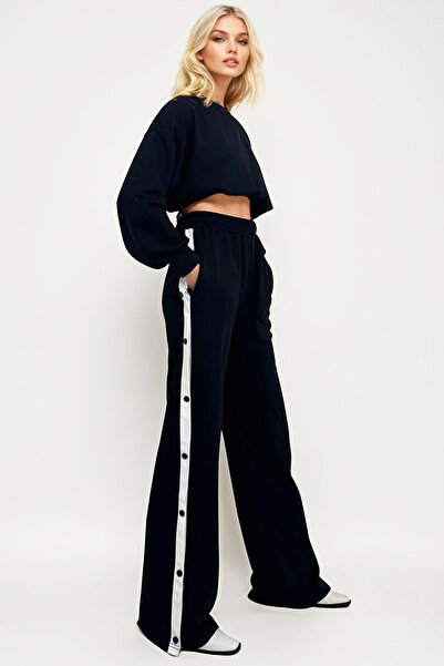 Trend Alaçatı Stili Navy Blue Double Pockets - Elastic Side Stripe Wide Leg Women's Trousers Alc-X12713