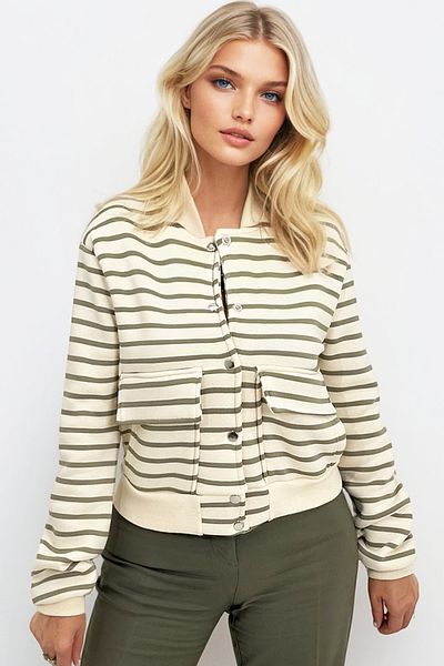 Trend Alaçatı Stili Khaki-Lined Women's Crop Jacket with Snap Closure, Double Pockets, Raised Inside Alc-X10940
