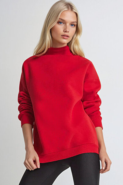 Trend Alaçatı Stili Rotes Damen-Sweatshirt mit Rollkragenpullover ALC-X12627