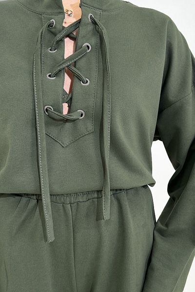 Trend Alaçatı Stili Khaki Color Women's Sweatshirt and Double Pocket Pants Set - Crew Neck with Bird Eye Detail Alc-X13283