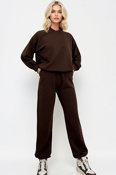 Trend Alaçatı Stili Braunes Trainingsanzug-Set mit Rundhalsausschnitt, elastischer Taille und Beine – ALC-507-669-001