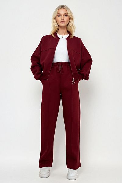 Trend Alaçatı Stili Burgundy Women's Sweat and Grass Trousers Set - Crew Neck, 3 Thread Raster, Zip-Up Alc-X13284